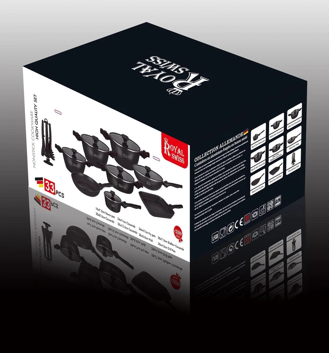 Royal Swiss® Pannenset - 33 Delig - Keramisch - Inductie - Afneembare Handgrepen - Geschikt Voor Oven - Zwart 8 Royal Swiss® Pannenset - 33 Delig - Keramisch - Inductie - Afneembare Handgrepen - Geschikt Voor Oven - Zwart - Afbeelding 6