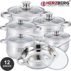 Herzberg Pannenset – 12-Delig – Voor Inductie En Gas – Vaatwasser Bestendig – RVS Met Glazen Deksels -Kookpot Serie Winkel 1195x1200 1