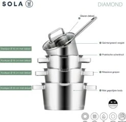 Sola Pannenset Diamond - 4 Delig - Ø 16,16,18,20 Cm - Zilver - RVS - Sandwichbodem 22 Sola Pannenset Diamond - 4 Delig - Ø 16,16,18,20 Cm - Zilver - RVS - Sandwichbodem -Kookpot Serie Winkel 1200x1166 3