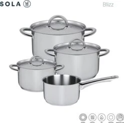 Sola Pannenset Blizz - 4 Delig - Ø Cm - Zilver - RVS - Sandwichbodem -Kookpot Serie Winkel 1200x1188