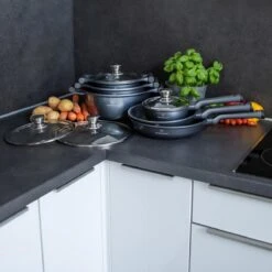 Herenthal Pannenset Inductie - Luxe 10-Delige Pannenset - Kookpotten Voor Alle Warmtebronnen - Kookpan - Pan Inductie Met Glazen Deksels En Koudgrepen - Grijs -Kookpot Serie Winkel 1200x1200 372