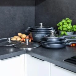 Herenthal Pannenset Inductie - Luxe 10-Delige Pannenset - Kookpotten Voor Alle Warmtebronnen - Kookpan - Pan Inductie Met Glazen Deksels En Koudgrepen - Grijs -Kookpot Serie Winkel 1200x1200 376