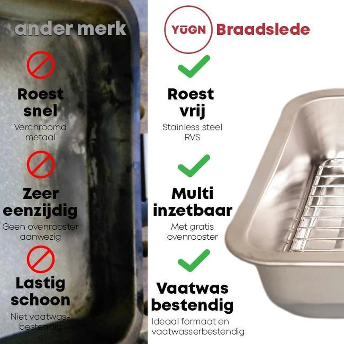 YUGN Braadslede Ovenschaal Braadslee Oven - Braadslede Met Rooster Voor Ovengerechten - Roestvrijstaal En 36x27x7CM - Cadeau Tip 7 YUGN Braadslede Ovenschaal Braadslee Oven - Braadslede Met Rooster Voor Ovengerechten - Roestvrijstaal En 36x27x7CM - Cadeau Tip - Afbeelding 5