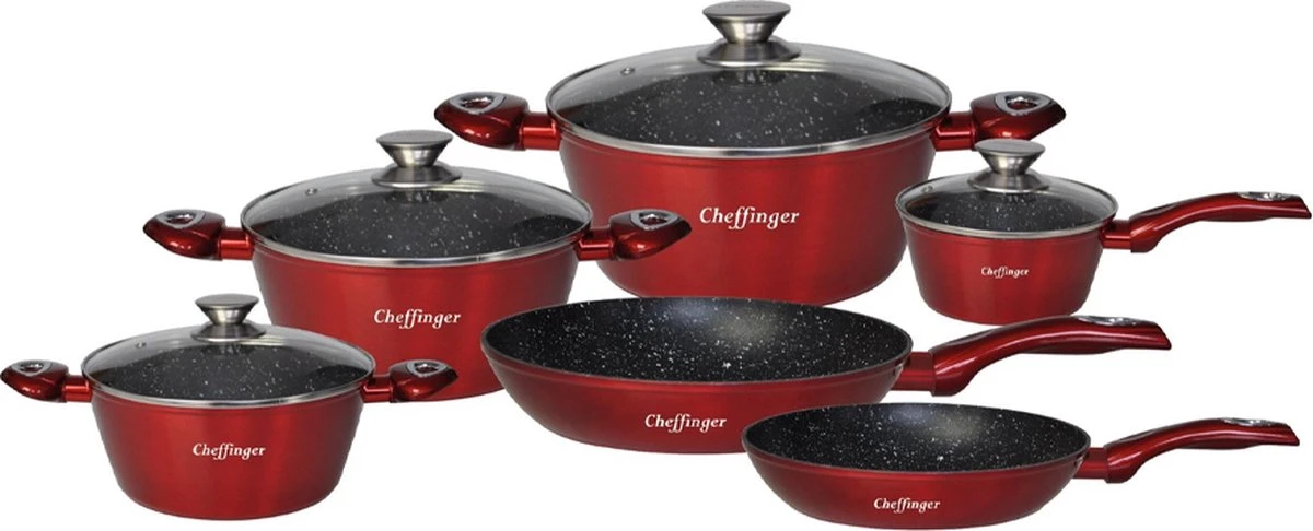 Luxe 10-delige Koekenpannenset - Inductie - Voor Alle Warmtebronnen - Met Glazen Deksels - Rood 3 Luxe 10-delige Koekenpannenset - Inductie - Voor Alle Warmtebronnen - Met Glazen Deksels - Rood