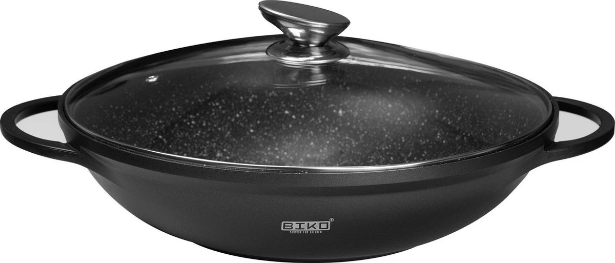 BIKO - Wokpan Ø 36 Cm - Marmeren Coating - Glazen Deksel - Wadjan - Zwart 3 BIKO - Wokpan Ø 36 Cm - Marmeren Coating - Glazen Deksel - Wadjan - Zwart