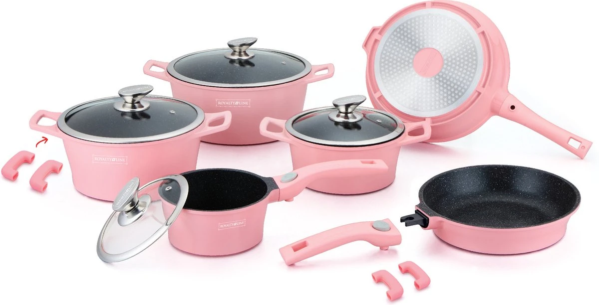 Royalty Line - Set Lot 14-delige Pannenset Inductie - Glazen Deksel - Met Afneembare Handgreep - Marmeren Interieur -PFAS-vrij - Roze Kleur 3 Royalty Line - Set Lot 14-delige Pannenset Inductie - Glazen Deksel - Met Afneembare Handgreep - Marmeren Interieur -PFAS-vrij - Roze Kleur