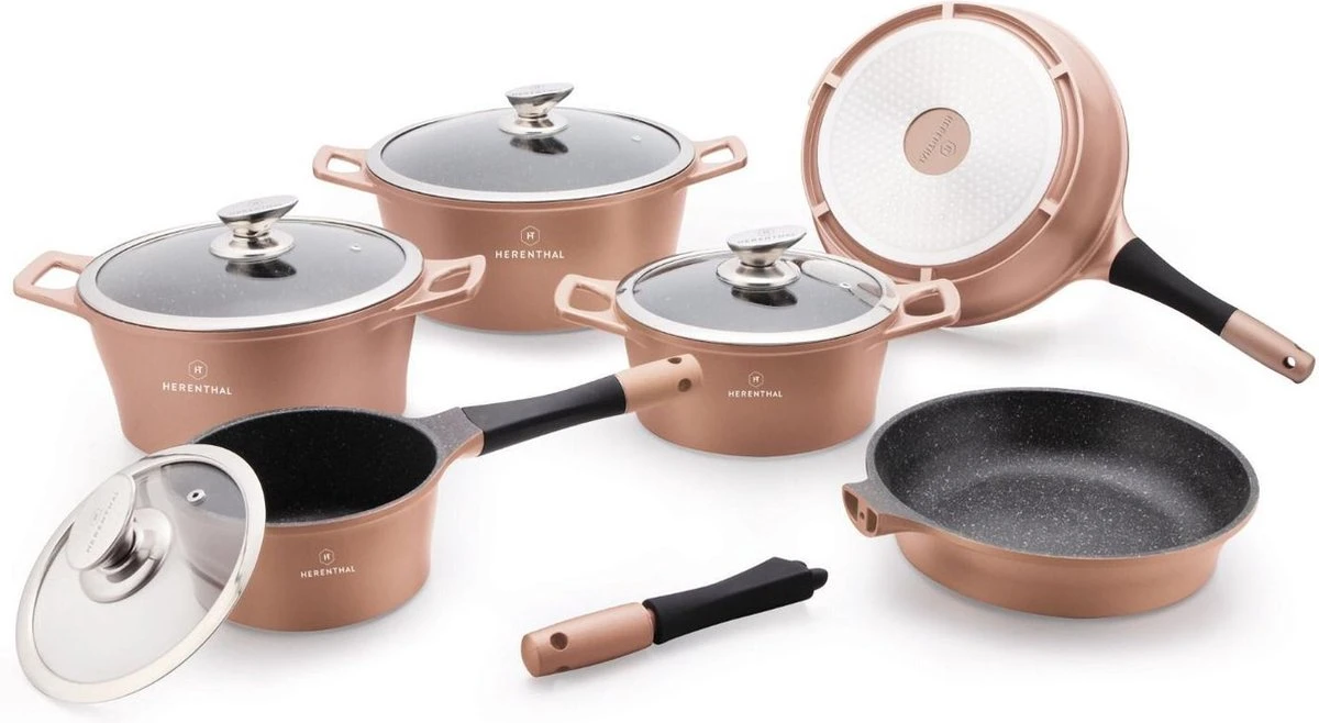 Herenthal Line - Pannenset Inductie - 14 Delig - Afneembare Handgreep - Keramisch - Koper Kleurig - PFAS-vrij 3 Herenthal Line - Pannenset Inductie - 14 Delig - Afneembare Handgreep - Keramisch - Koper Kleurig - PFAS-vrij