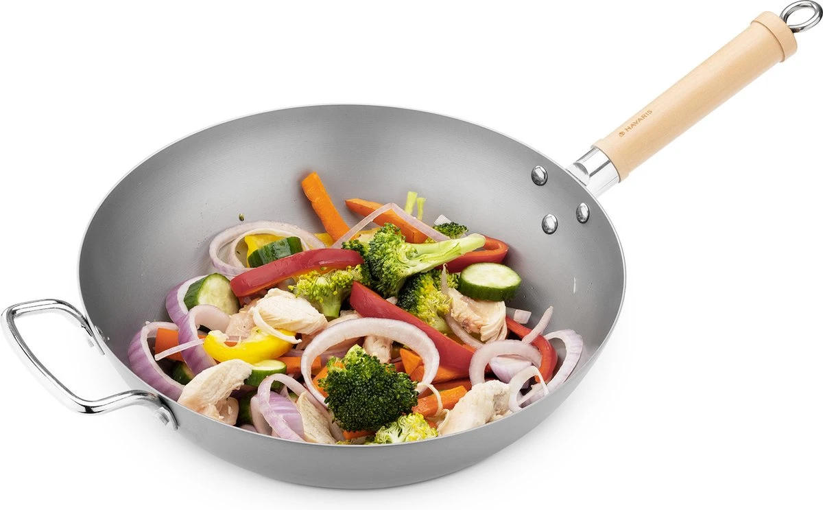 Navaris Grote Wokpan Geschikt Voor Inductie - Koolstofstalen Wok Met Twee Handvaten - Carbon Steel Wok 30 Cm Diameter - Voor Roerbak- En Wokgerechten 6 Navaris Grote Wokpan Geschikt Voor Inductie - Koolstofstalen Wok Met Twee Handvaten - Carbon Steel Wok 30 Cm Diameter - Voor Roerbak- En Wokgerechten - Afbeelding 4