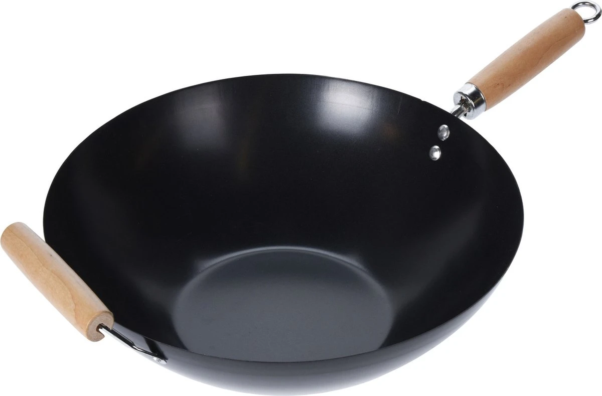 Wok Carbon Staal Ø35cm Houten Handgreep Wokpannen 4 Wok Carbon Staal Ø35cm Houten Handgreep Wokpannen - Afbeelding 2