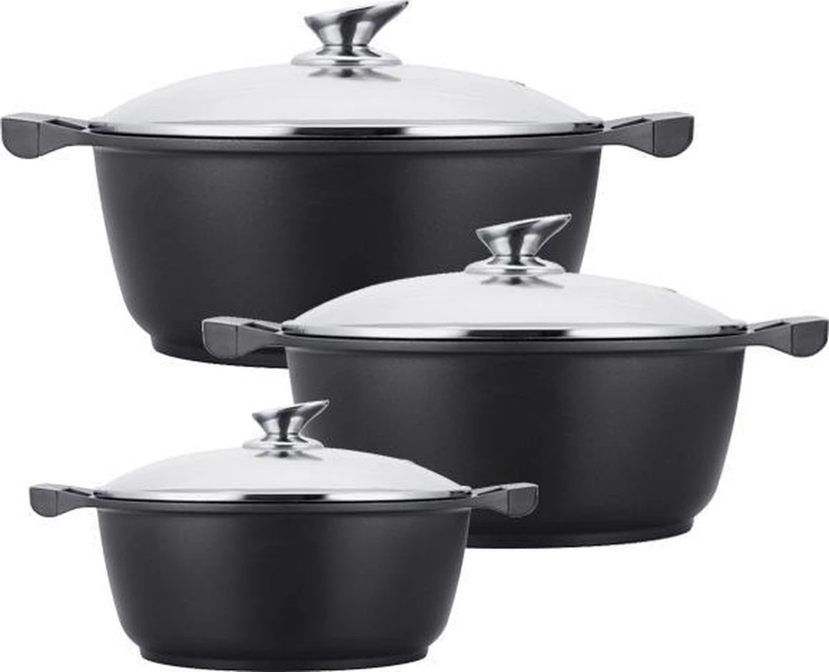 Kookkunst Holland Pannenset Inductie Met Deksels Zwart - Koudgrepen Ø 20, 24 & 28 Cm - 3 Delige 3 Kookkunst Holland Pannenset Inductie Met Deksels Zwart - Koudgrepen Ø 20, 24 & 28 Cm - 3 Delige
